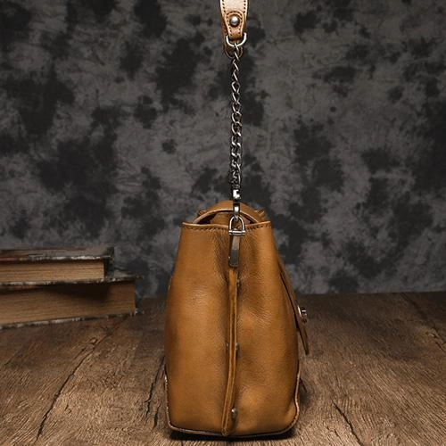 Small Vintage Womens Black Leather Chain Shoulder Bag Chain Fashion Brown Side Bag for Ladies
