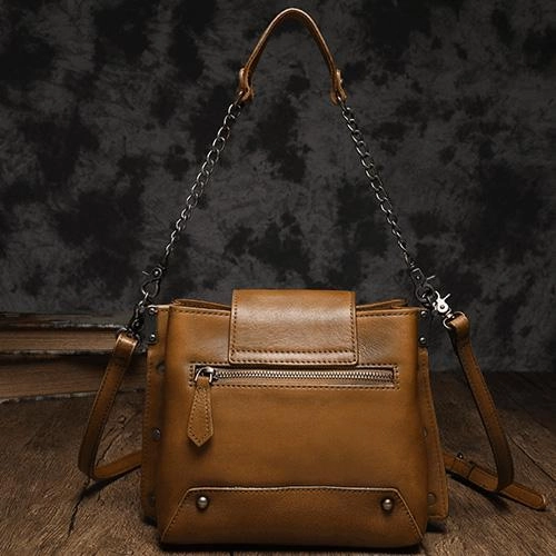 Small Vintage Womens Black Leather Chain Shoulder Bag Chain Fashion Brown Side Bag for Ladies