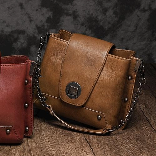 Small Vintage Womens Black Leather Chain Shoulder Bag Chain Fashion Brown Side Bag for Ladies