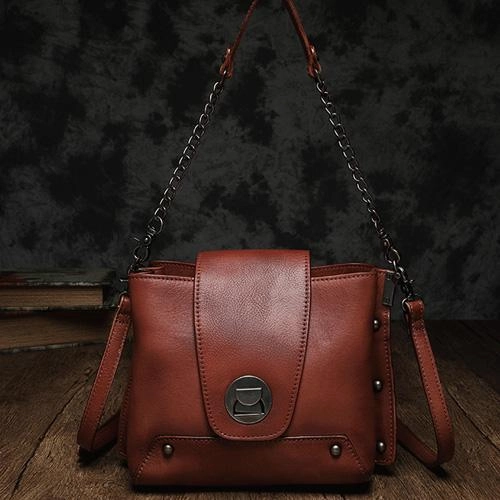 Small Vintage Womens Black Leather Chain Shoulder Bag Chain Fashion Brown Side Bag for Ladies