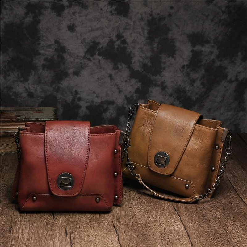 Small Vintage Womens Black Leather Chain Shoulder Bag Chain Fashion Brown Side Bag for Ladies