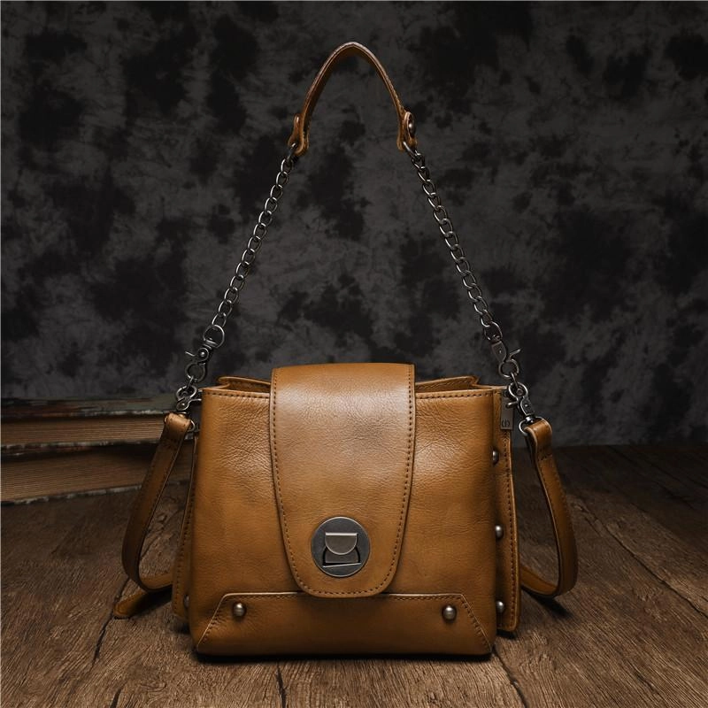 Small Vintage Womens Black Leather Chain Shoulder Bag Chain Fashion Brown Side Bag for Ladies