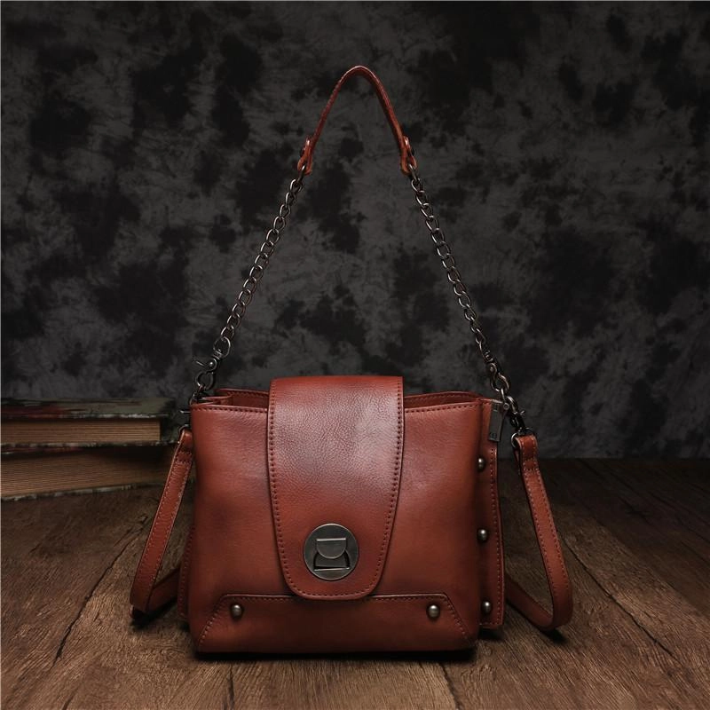 Small Vintage Womens Black Leather Chain Shoulder Bag Chain Fashion Brown Side Bag for Ladies