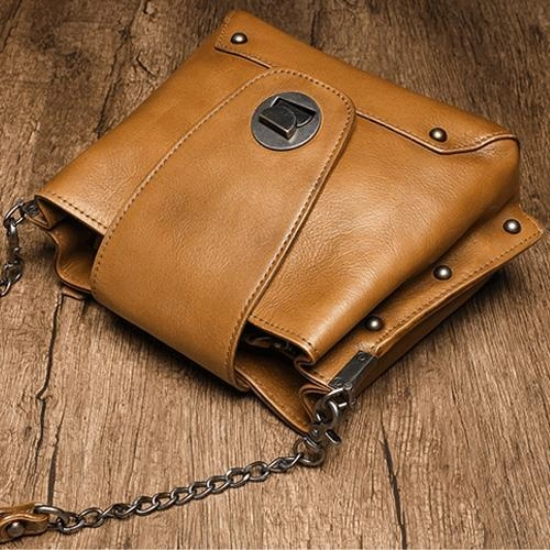 Small Vintage Womens Black Leather Chain Shoulder Bag Chain Fashion Brown Side Bag for Ladies