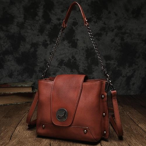 Small Vintage Womens Black Leather Chain Shoulder Bag Chain Fashion Brown Side Bag for Ladies