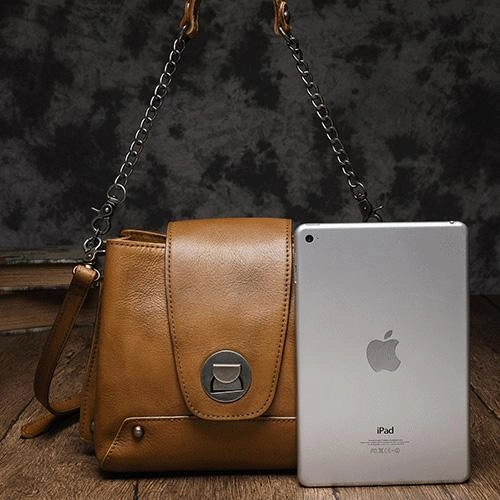 Small Vintage Womens Black Leather Chain Shoulder Bag Chain Fashion Brown Side Bag for Ladies