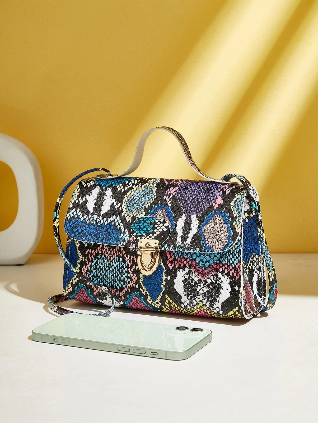 Snakeskin Print Push Lock Satchel Bag