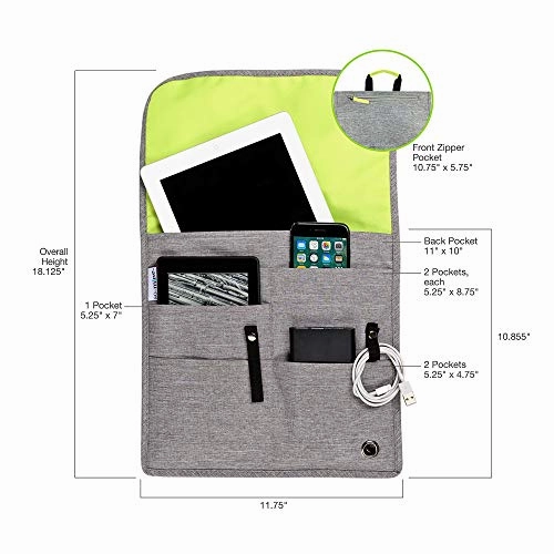 So-Mine Commuter Essential Bag | Attaches to Airline Seat and Car Pocket | Travel Organizer | Slim Profile | 6 Pockets | 2 Cable Loops | 1 Zipper Pocket | Fits on Roller Bag Handle | Ash/Lime