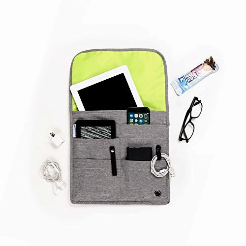 So-Mine Commuter Essential Bag | Attaches to Airline Seat and Car Pocket | Travel Organizer | Slim Profile | 6 Pockets | 2 Cable Loops | 1 Zipper Pocket | Fits on Roller Bag Handle | Ash/Lime