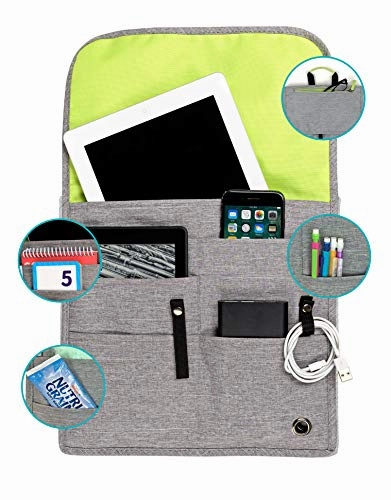So-Mine Commuter Essential Bag | Attaches to Airline Seat and Car Pocket | Travel Organizer | Slim Profile | 6 Pockets | 2 Cable Loops | 1 Zipper Pocket | Fits on Roller Bag Handle | Ash/Lime