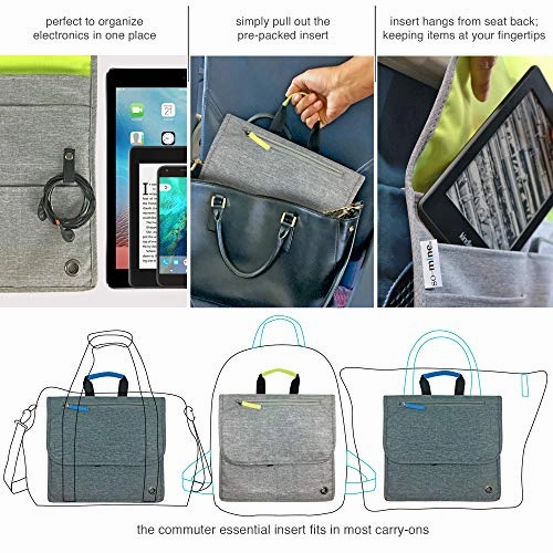 So-Mine Commuter Essential Bag | Attaches to Airline Seat and Car Pocket | Travel Organizer | Slim Profile | 6 Pockets | 2 Cable Loops | 1 Zipper Pocket | Fits on Roller Bag Handle | Ash/Lime