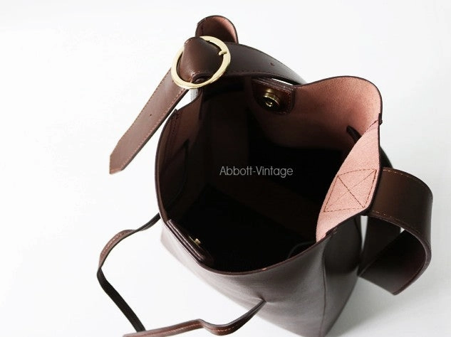 Stylish Leather Brown Womens Bucket Purse Crossbody Bag Barrel Shoulder Bag for Women