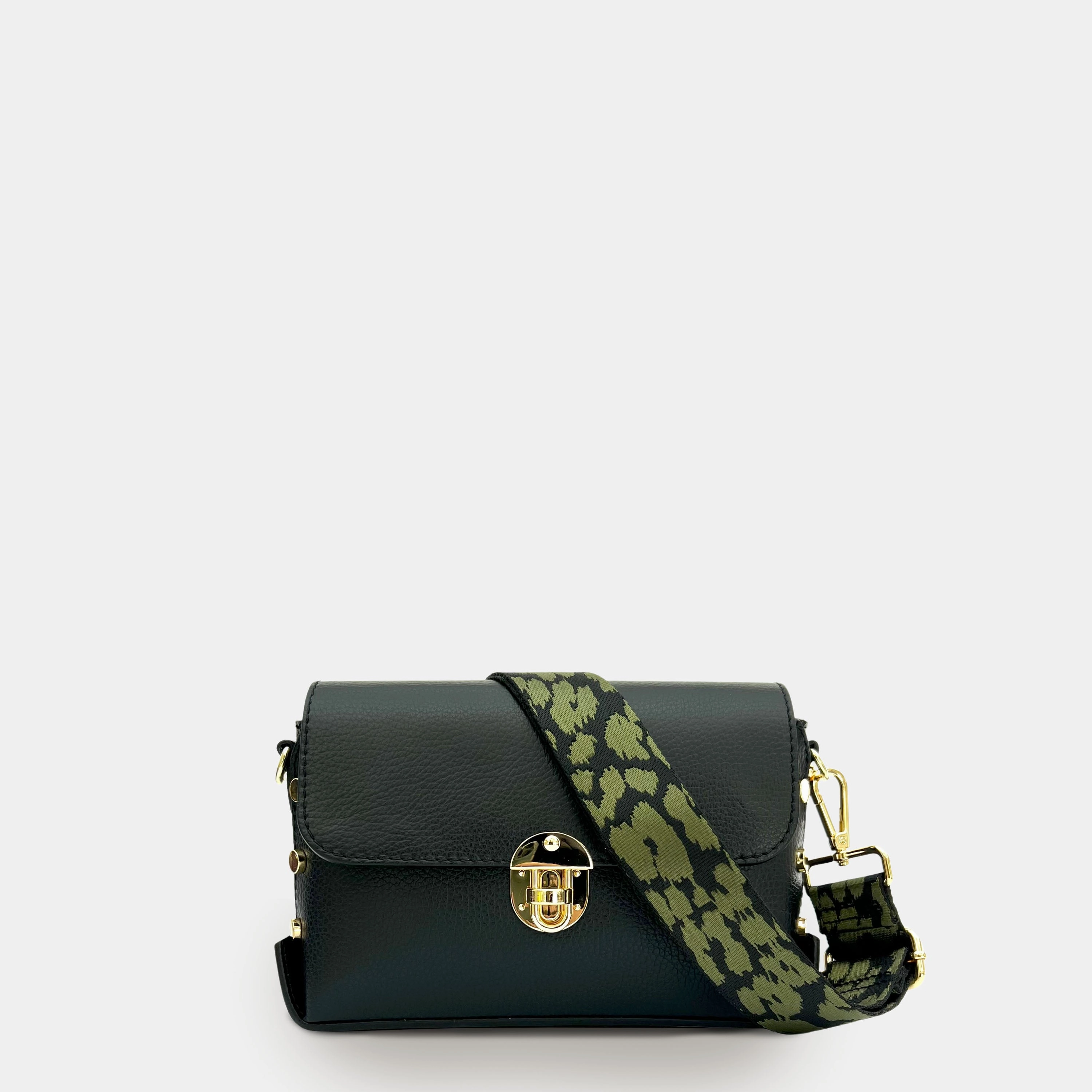 The Bloxsome Black Leather Crossbody Bag With Olive Green Cheetah Strap