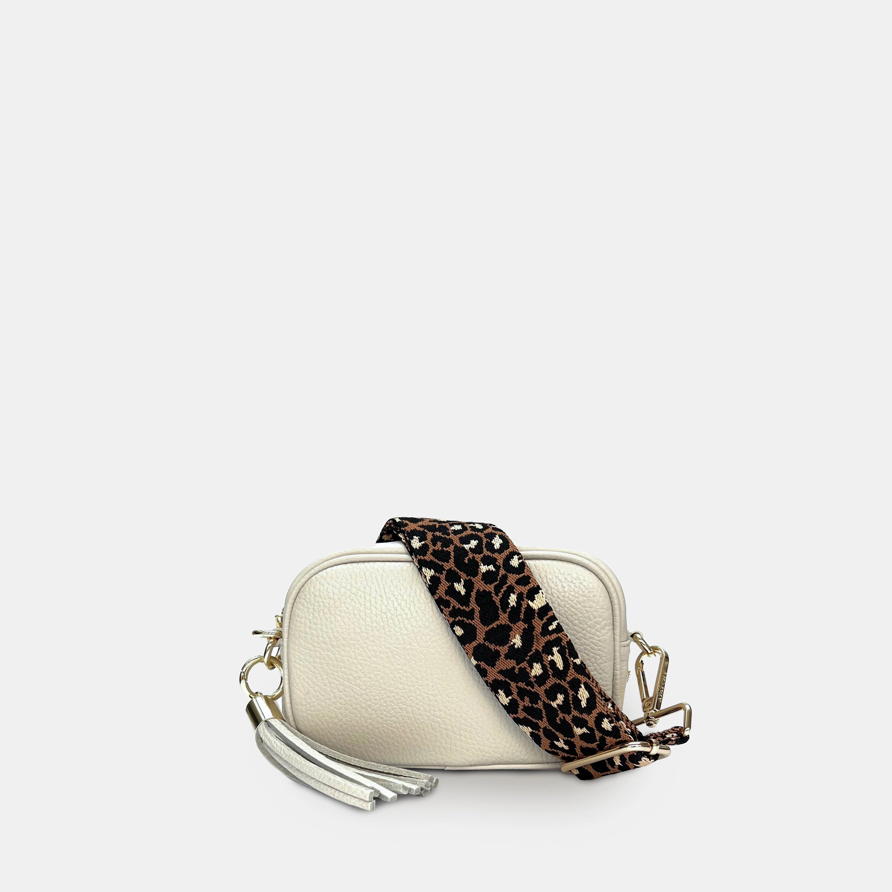 The Mini Tassel Stone Leather Phone Bag With Tan Cheetah Strap
