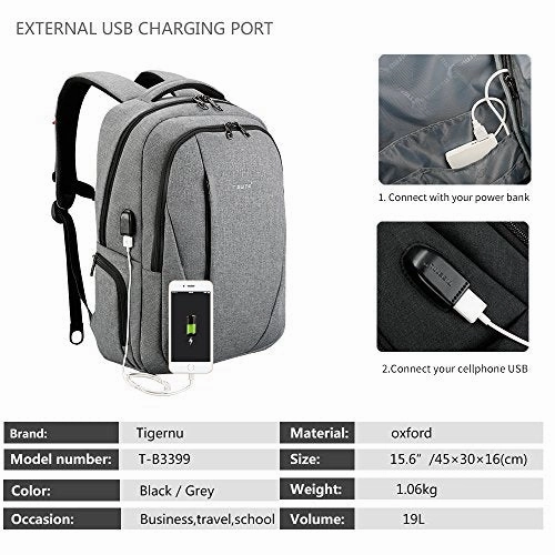 Tigernu Slim Business Laptop Backpack Anti Thief Water Resistant With Usb Charging Port College