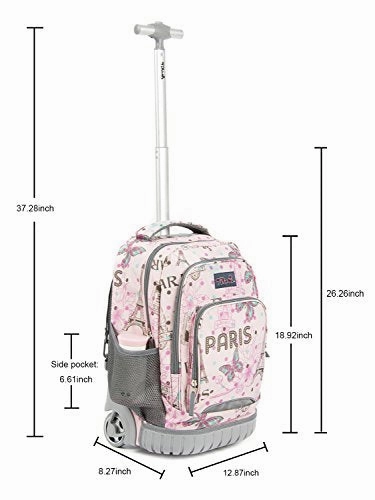 Tilami Kids Rolling Backpack 18 inch Boys and Girls Laptop Backpack, Pink butterfly