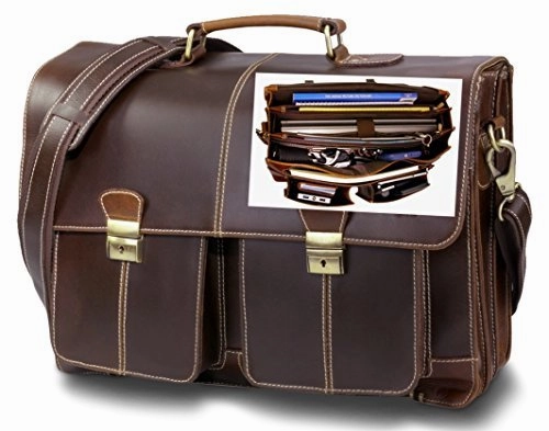 Top Quality Leather Business Briefcase / Messenger bag / Vintage Full Grain Satchel / 15.6 inch Computer bag. Easy-Open Handcrafted timeless design by Andiamo Exclusive. 11 Compartment Laptop Bag.