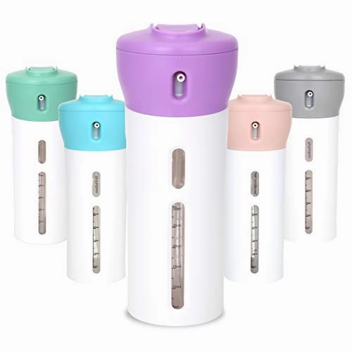 Travigo 4-in-1 Travel Bottle Dispenser, Includes Four Empty Reusable 1.4 oz. (40 mL) Cosmetic Toiletry Containers for Sanitizer, Soap, Lotions, Skincare, Makeup Products (Purple)