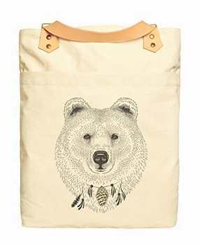 Unisex A Bear'S Face Print Cotton Canvas Leather Strap Laptop Backpack Was_34