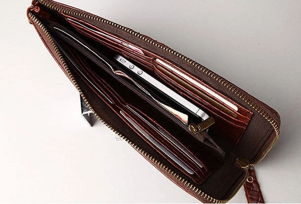 Vintage Bifold Coffee genuine Leather Long wallet clutch bag For Men Zipper holder