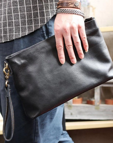 Vintage Black Soft Leather Mens Clutch Wallet Wristlet Bag Zipper Clutch Bag For Men