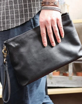Vintage Black Soft Leather Mens Clutch Wallet Wristlet Bag Zipper Clutch Bag For Men
