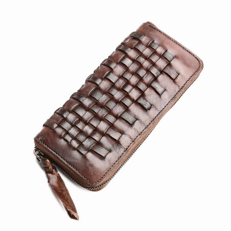 Vintage Braided Leather Mens Long Wallet Zipper Clutch Wallet For Men