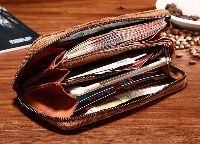 Vintage Braided Leather Mens Long Wallet Zipper Clutch Wallet For Men