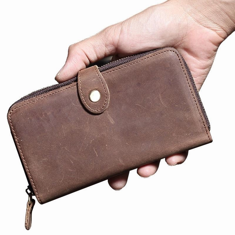 Vintage Brown Leather Men's Bifold Long Wallet Cool Zipper Long Wallet Clutch For Men