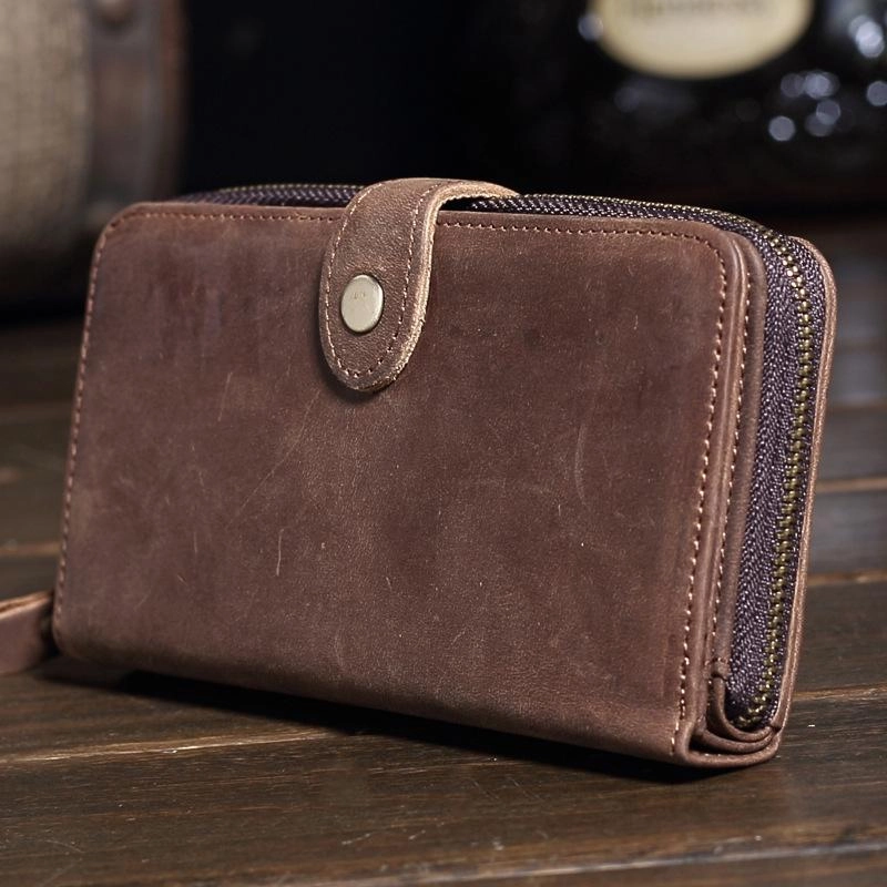 Vintage Brown Leather Men's Bifold Long Wallet Cool Zipper Long Wallet Clutch For Men