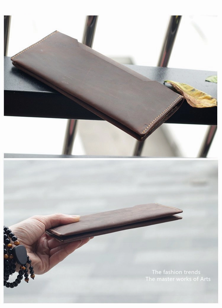 Vintage Brown Leather Mens Long Wallet Bifold Long Wallet Brown Phone Clutch Wallet For Men