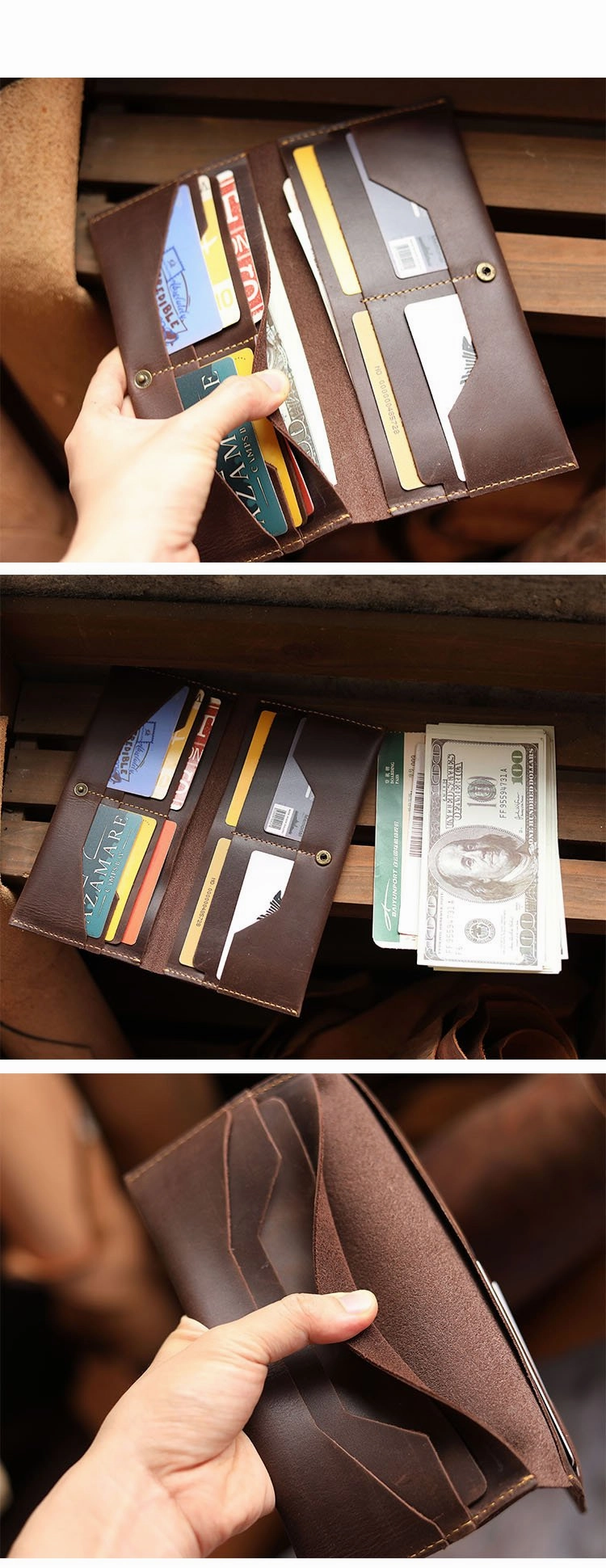 Vintage Brown Leather Mens Long Wallet Bifold Long Wallet Brown Phone Clutch Wallet For Men