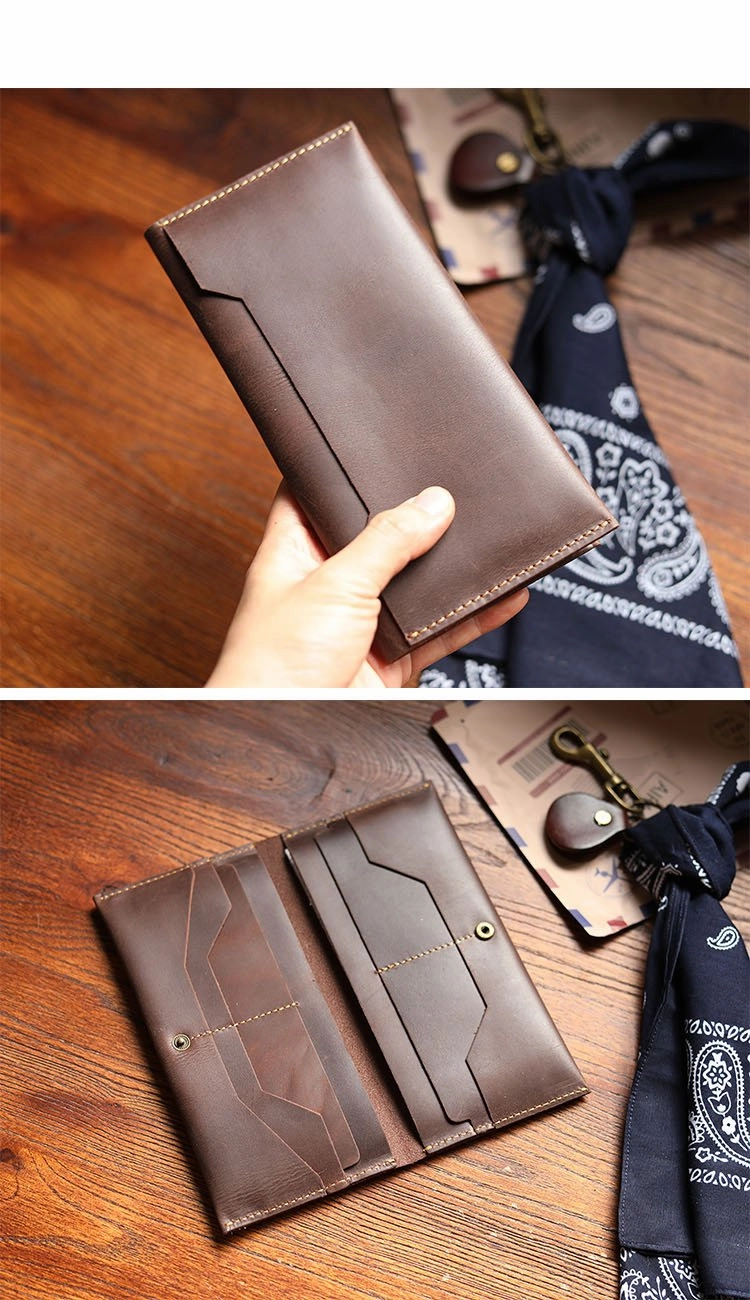 Vintage Brown Leather Mens Long Wallet Bifold Long Wallet Brown Phone Clutch Wallet For Men