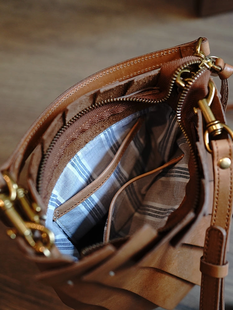 Vintage Brown Leather Splicing Bucket Handbag Women Handmade Small Shoulder Bag for Women