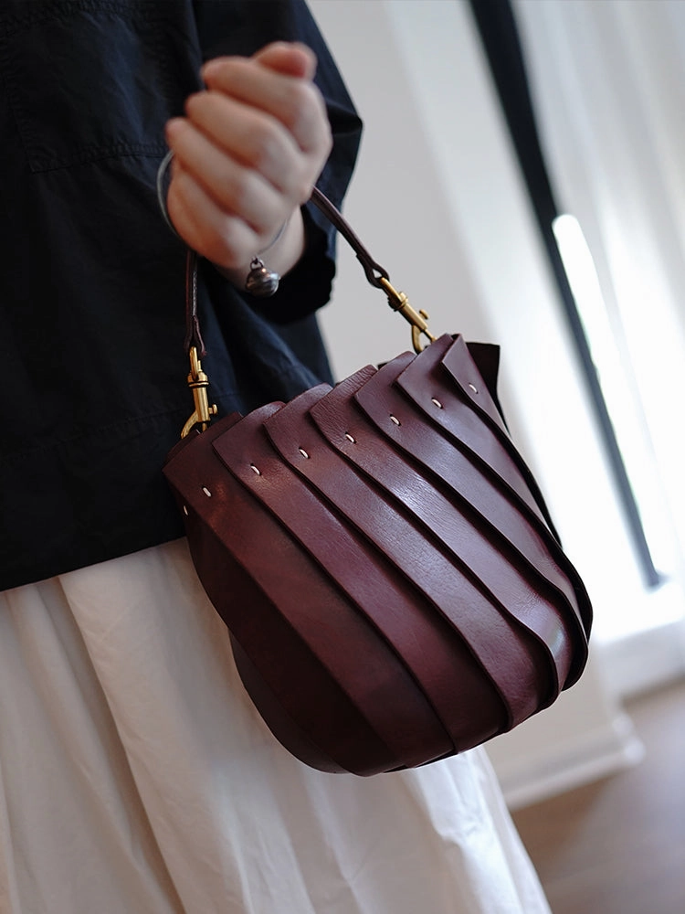 Vintage Brown Leather Splicing Bucket Handbag Women Handmade Small Shoulder Bag for Women