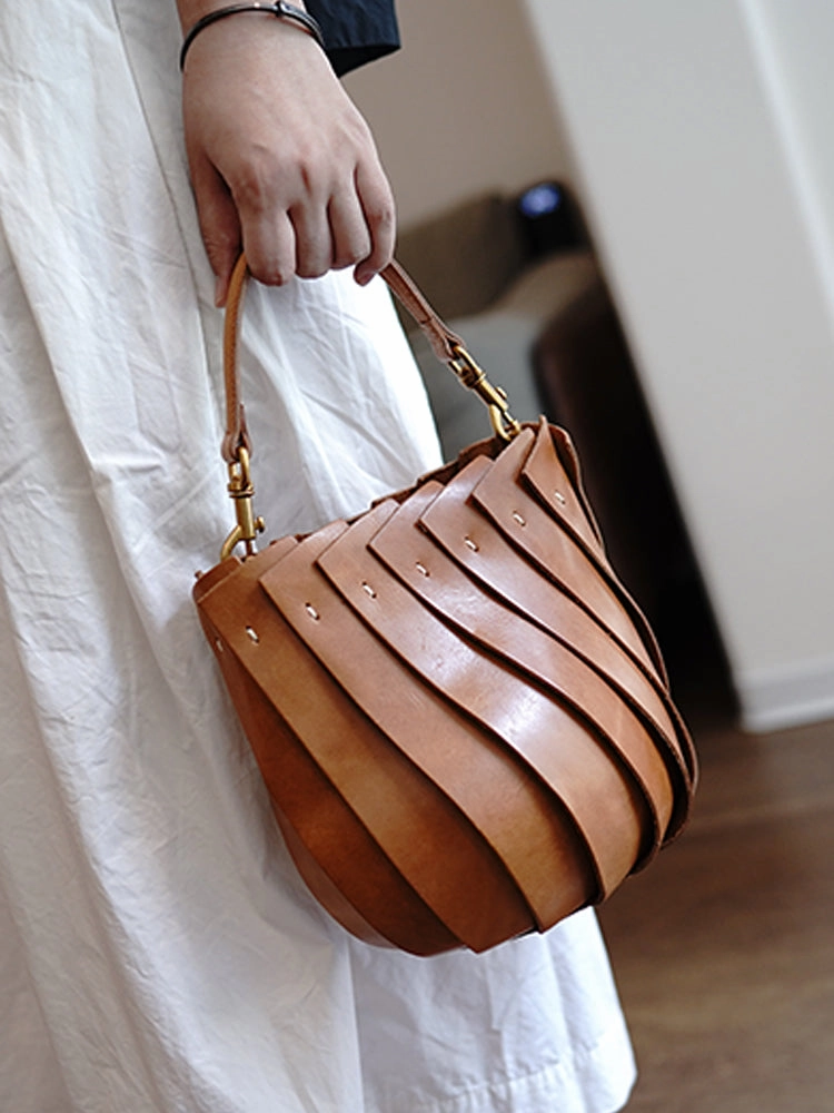 Vintage Brown Leather Splicing Bucket Handbag Women Handmade Small Shoulder Bag for Women