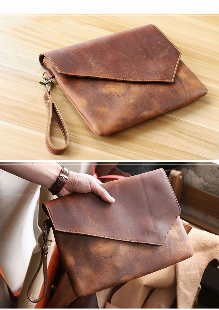 Vintage Business Leather Mens Black Envelope Bag Document Purse Dark Brown Clutch For Men