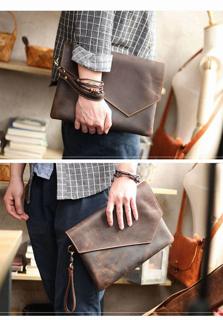 Vintage Business Leather Mens Black Envelope Bag Document Purse Dark Brown Clutch For Men
