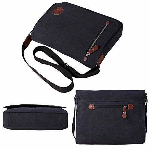 Vintage Canvas Satchel Messenger Bag for Men Women,Travel Shoulder bag 13.5" Laptop Bags Bookbag (Black)