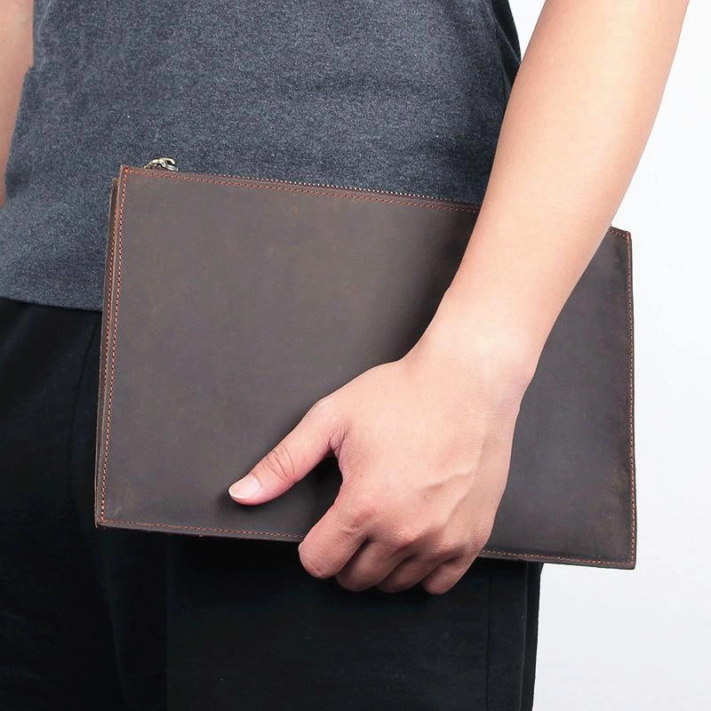 Vintage Coffee Leather Mens Wristlet Wallet Purse Zipper Clutch Wallet For Men