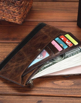 Vintage Coffee Mens Slim Leather Long Wallet One Slim Clutch Wallet for Men