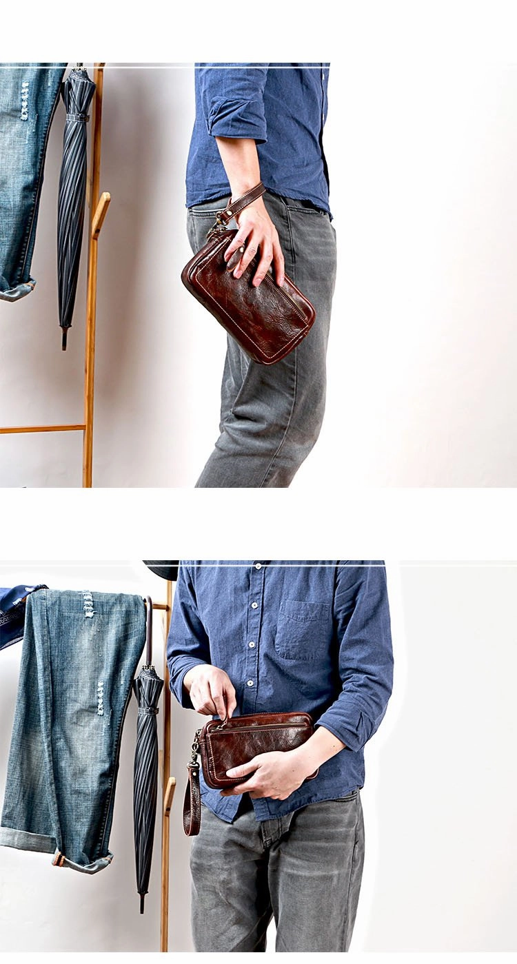 Vintage Dark Brown Leather Mens Phone Wallet Clutch Wallet Wristlet Bag Zipper Long Wallet For Men