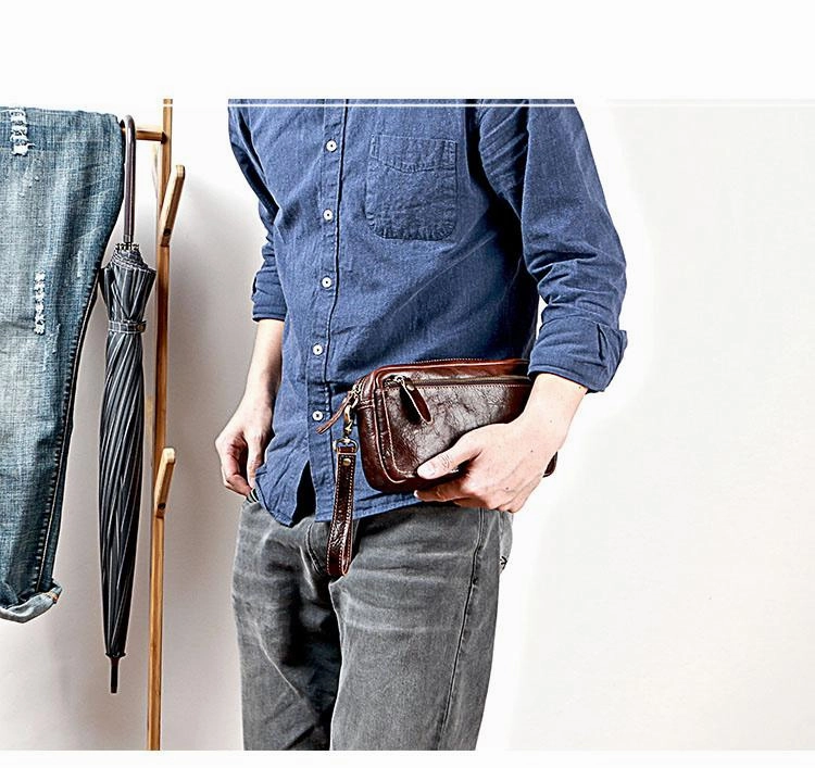 Vintage Dark Brown Leather Mens Phone Wallet Clutch Wallet Wristlet Bag Zipper Long Wallet For Men