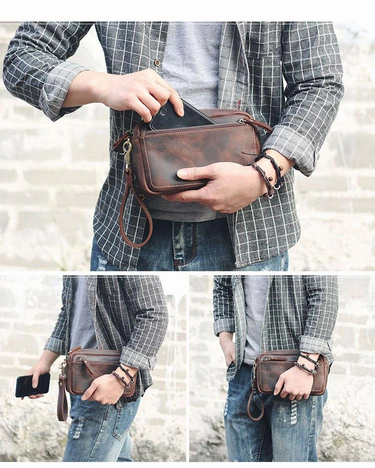 Vintage Dark Brown Leather Mens Phone Wallet Clutch Wallet Wristlet Bag Zipper Long Wallet For Men