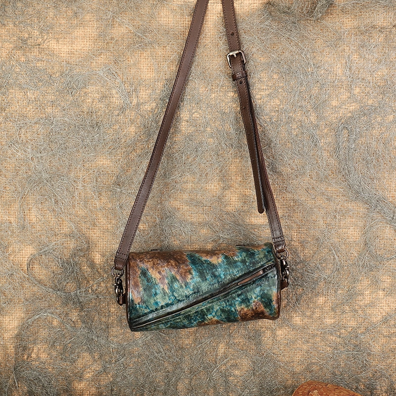 Vintage Green Leather Womens Barrel Shoulder Bag Bucket Crossbody Purse for Women