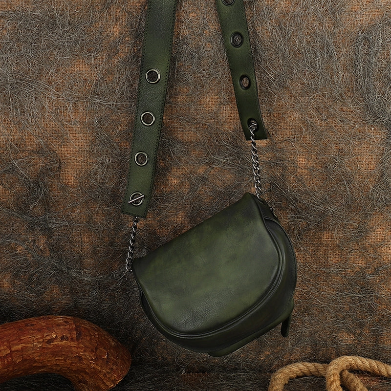Vintage Green Leather Womens Saddle Shoulder Bag Saddle Crossbody Purse for Women