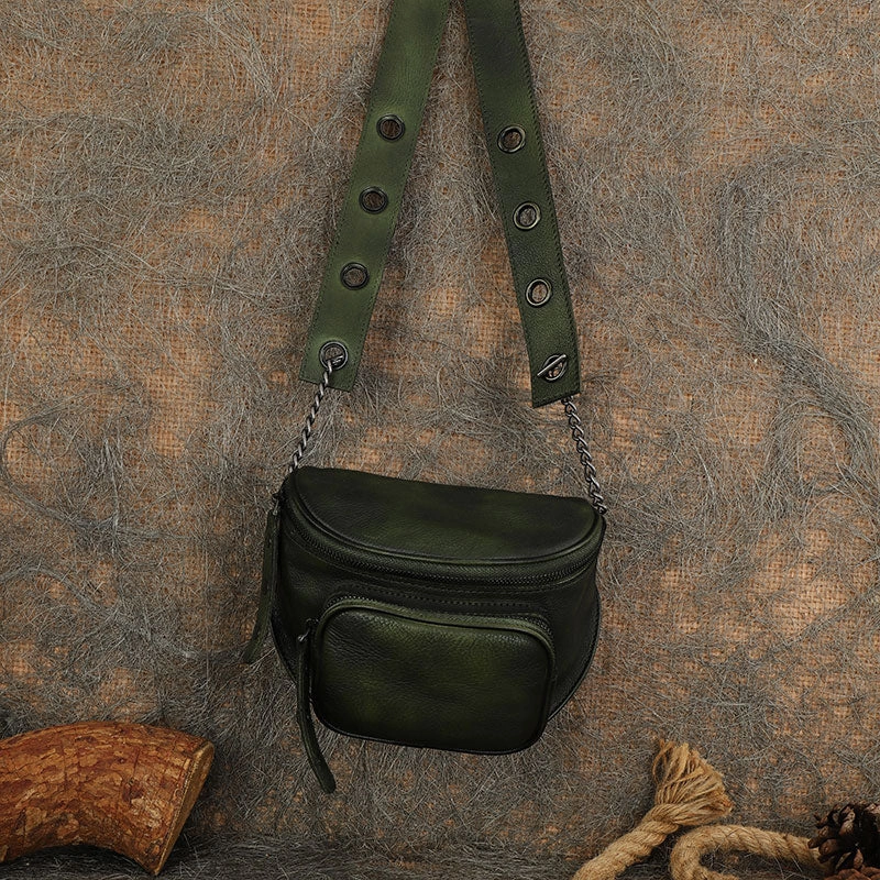 Vintage Green Leather Womens Saddle Shoulder Bag Saddle Crossbody Purse for Women