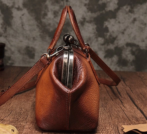 Vintage Handmade Leather Brown Womens Frame Handbag Shoulder Bag Green Crossbody Purse For Women