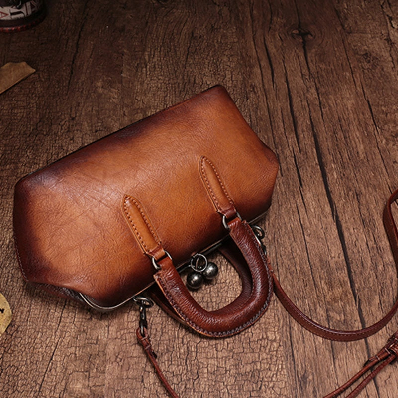 Vintage Handmade Leather Brown Womens Frame Handbag Shoulder Bag Green Crossbody Purse For Women