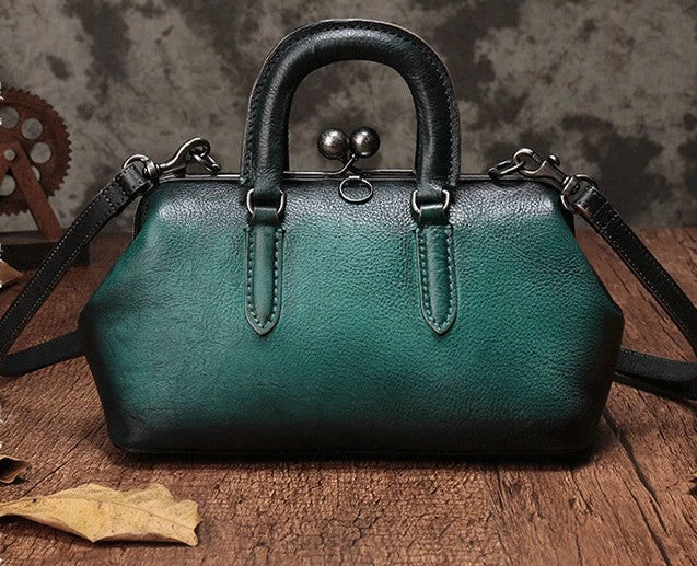 Vintage Handmade Leather Brown Womens Frame Handbag Shoulder Bag Green Crossbody Purse For Women